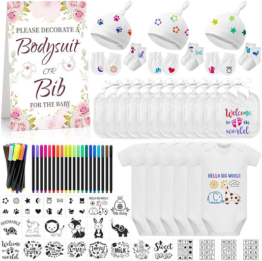 78PCS Baby Bib Bodysuit Baby Shower Set Baby Shower Game Sign Baby Feede Bib Newborn Bodysuit Fabric Marker