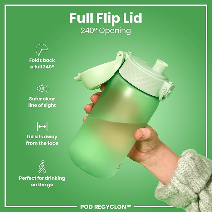 Ion8 Small Water Bottle, 350 ml/12 oz, Leak Proof, Easy to Open, Secure Lock, Dishwasher Safe, BPA Free, Carry Handle, Hygienic Flip Cover, Easy Clean, Odor Free, Carbon Neutral, Surf Green
