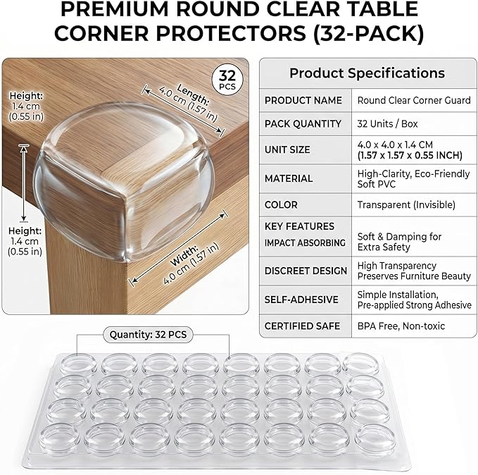 Extra Large & Ultra-Safe Baby Corner Protector Guards - 32-Piece Clear Corner Protectors for Furniture, Super Strong Adhesive, Baby Proofing for Sharp Edges, Easy to Install Child Safety Set(Round)