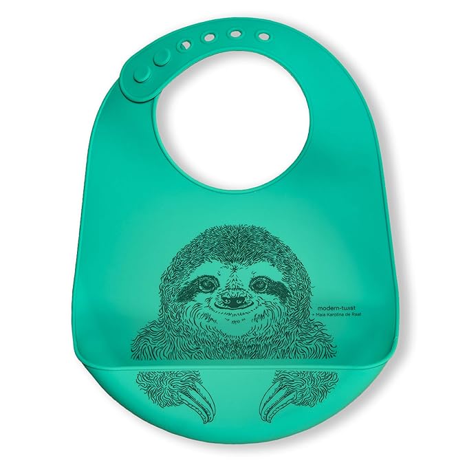 modern-twist Bucket-Bib 100% Food-Grade Silicone, Waterproof and Reusable, Sloth – Jungle Green
