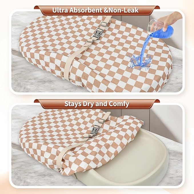 2 Pack Changing Pad Cover for Girls Boys,Lovely Soft Breathable Cotton Changing Table Cover,Unisex Baby Diaper Change Table Pad Covers.Fit 32"x16" Contoured Pad（Checkerboard,Brown）