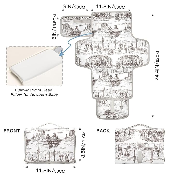 Cowboys Portable Diaper Changing Pad with Wipes Holder, Western Desert Foldable Baby Diaper Changer Travel Bag Southwest Cowboy Baby Changing Mat with Built-in Pillow for Newborn