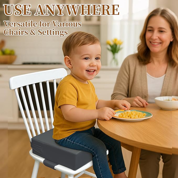Toddler Booster Seat for Dining Table – PU Washable Cushion with Double Safe Straps, Non-Slip Bottom, Portable Travel Booster Seat for Toddlers (Rock Grey