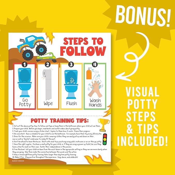 Hadley Designs Potty Training Chart for Toddlers Boys -10 Sticker Potty Chart for Toddlers Boys, 8.5x11" Potty Training Sticker Charts for Toilet Success, Monster Truck Toddler Reward Chart for Kids