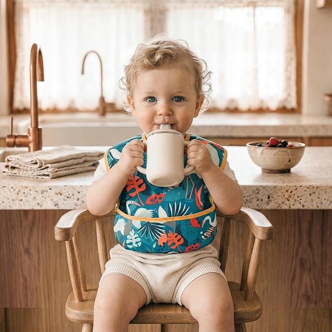 3-Pack Waterproof Baby Bibs for Eating - Mess Proof Lightweight Toddler Feeding Bibs with Large Food Catcher, Food-Grade Baby Eating Essentials, Easy to Put On & Clean(Green Animals)