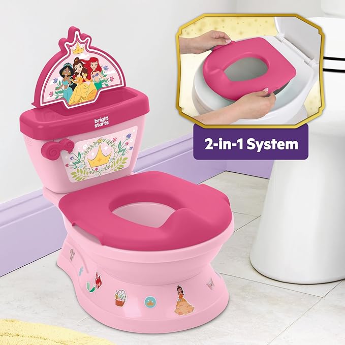 Bright Starts Disney Junior Princess My Size Potty Training Toilet, Toddler Potty Chair with Flushing & Cheering Sounds, Removable Seat with Splash Guard & Handles, Ages 18+ Months, Up to 50 lbs