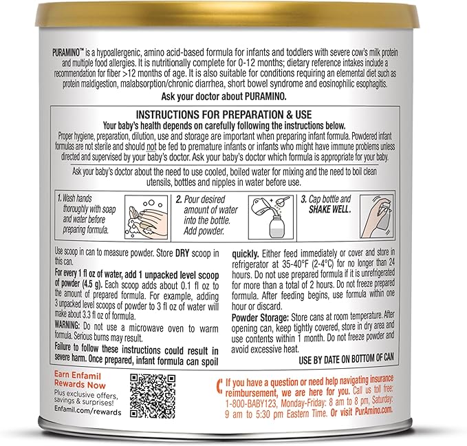 PurAmino, Hypoallergenic Amino Acid Based Infant Formula for Severe Food Allergies and GI Conditions, Nutritionally Complete Baby Formula, 14.1oz can,Pack of 8