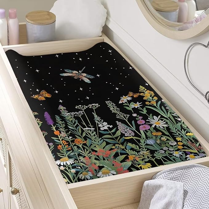 ZDCUSTOM Baby Changing Pad Cover Floral Dragonfly Stretchy Changing Table Sheets Breathable Changing Pad Cover Cradle Sheet for Baby Girls Boys