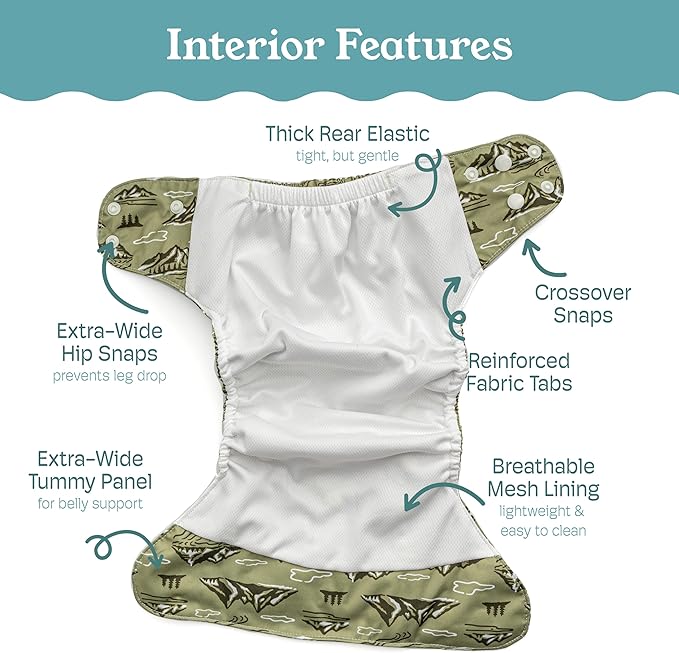 Kinder Cloth Diapers Reusable Baby Diapers Pocket Style Athletic Wicking Jersey, Wet Bag, Newborn to Potty Training 7-60lbs, One Size, Inserts NOT Included (Great Outdoors, 5 Pack, Without Inserts)