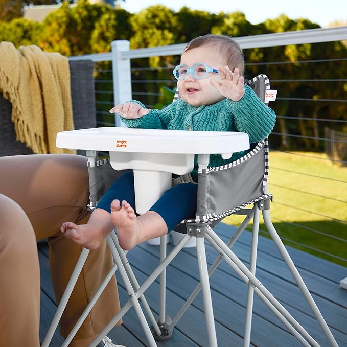 Bright Starts Pop 'N Dine Portable High Chair, Indoor/Outdoor, BPA Free Tray, Easy to Fold, Unisex, Grey, 6 Months +