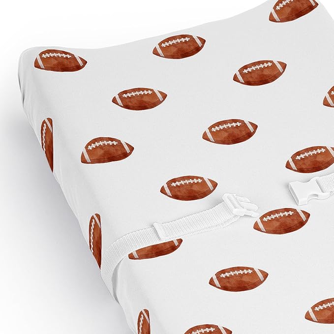 Sweet Jojo Designs Baby Changing Pad Cover Sheet (Brown and White Football) for Boys, Infant/Newborn Diaper Change Table Mat Covers (for the Sports Theme, Watercolor, Vintage Sport Themed Collection)