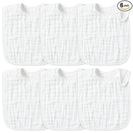 Zainpe 6Pcs Snap Muslin Cotton Baby Bibs White Adjustable Drool Bib with 6 Absorbent Soft Layers, Machine Washable Unisex Burp Cloths for 3 to 36 Months Boys Girls Infant Newborn Toddler