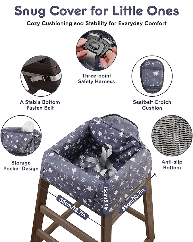Baby High Chair Cover Restaurant with Strap Pads & 3-Point Harness, Machine Washable, Waterproof Portable Highchair Covers for Eating, Travel, Home Use - Fits Wooden Chairs, Grey Stars