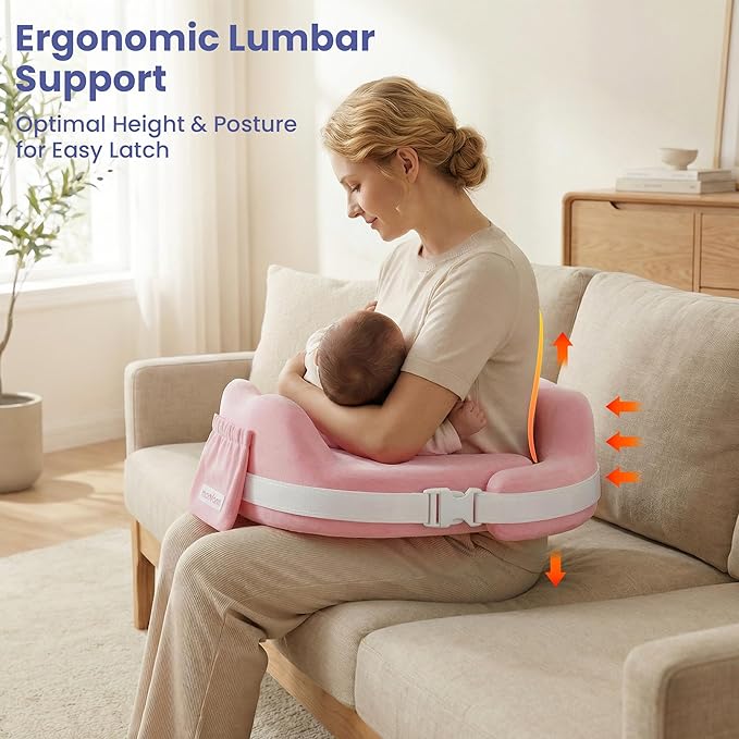 MOMFANN Nursing Pillow for Breastfeeding, 60D Firm Memory Foam, Ergonomic Lumbar Support & Safety Fence, Wider Cushion for Back Pain Relief, Adjustable Strap, Removable Machine Washable Cover - Pink