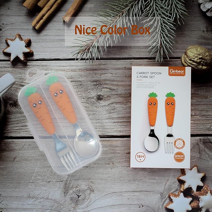Ginbear Toddler Utensils with Case, Non-toxic Kids Spoons and Forks for Ages 18 Months+, Cute Child Flatware Set