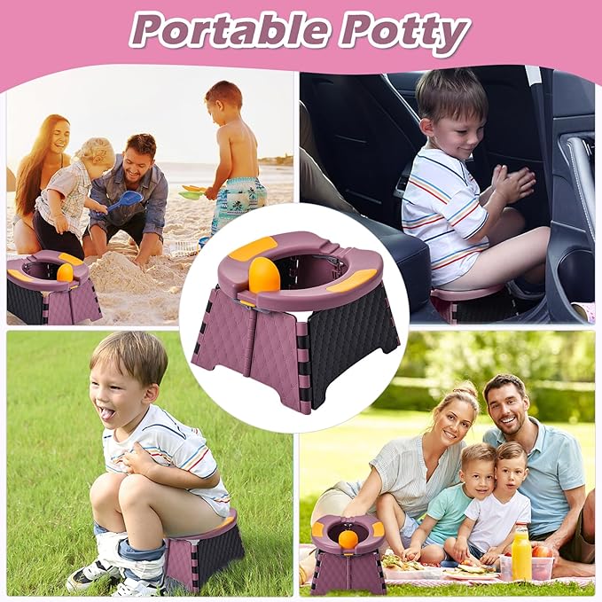 Travel Potty for Toddlers, Portable Potty Chair with Bag & 30 Pouches - Kids Toilet for Car, Camping, Indoor Outdoor - Splash-Proof Design, Easy Clean Training Seat (Purple)