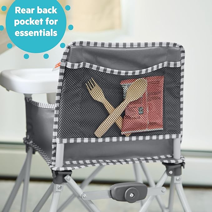 Bright Starts Pop 'N Dine Portable High Chair, Indoor/Outdoor, BPA Free Tray, Easy to Fold, Unisex, Grey, 6 Months +