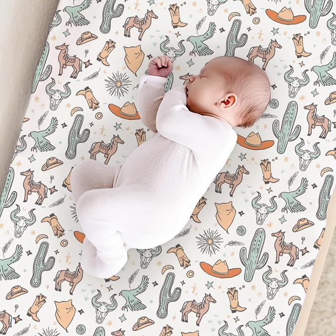 Western Cactus Horse Cow Skull Native Sun Moon Stars American Pattern Baby Changing Pad Cover, Unisex Western Nursery Diaper Changing Table Pad Mat Sheet for Boys Girls-16x32