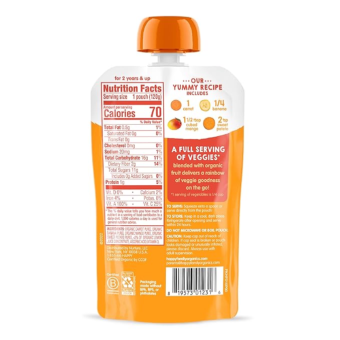 HAPPYTOT Organics Stage 4 Baby Food Pouches, Gluten Free, Vegan Snack, Love My Veggies, Fruit & Veggie Puree, Carrot, Banana, Mango & Sweet Potato, 4.22 Ounce (Pack of 16)