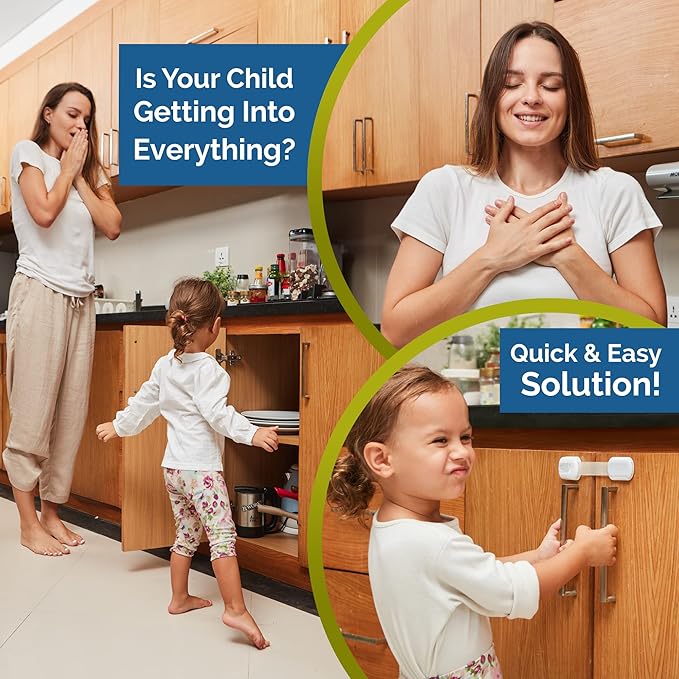 Child Safety Strap Locks (4 Pack) Baby Locks for Cabinets and Drawers, Toilet, Fridge & More. 3M Adhesive Pads. Easy Installation, No Drilling Required, White/Gray