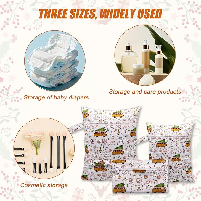 3pcs Cloth Diaper Wet Dry Bags Waterproof Reusable with Two Zippered Pockets Travel Beach Pool Daycare Soiled Baby Items Yoga Gym Bag for Swimsuits or Wet Clothes (Car)