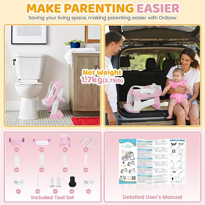 Orzbow Potty Training Seat, Toddler Toilet Seat with Step Stool Ladder, 2-in-1 Toddler Potty Training Toilet Chair for Kids Boys Girls - 5-Level Adjustable Height | Splash Guard | Anti Slip Pad, Pink