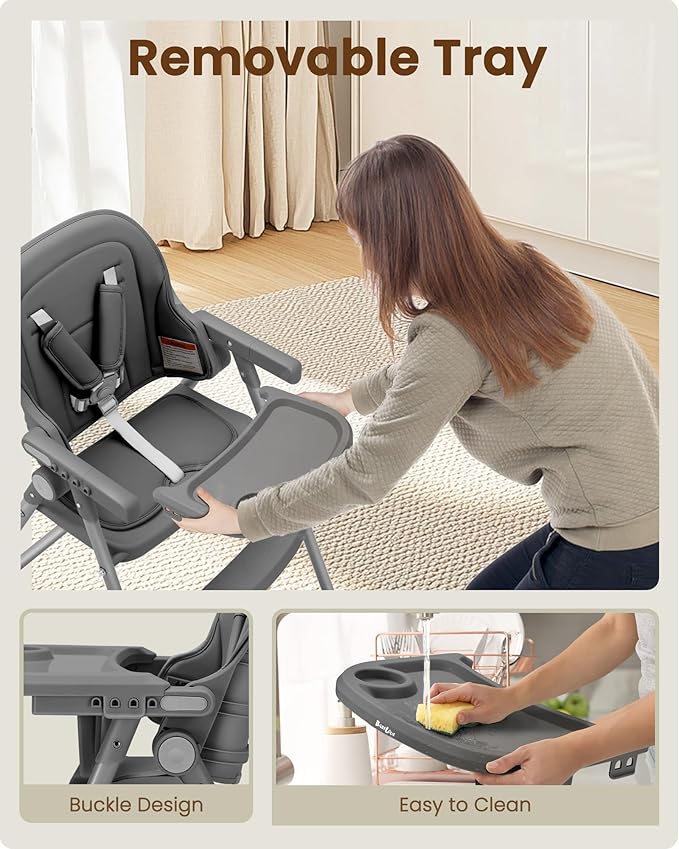 Foldable High Chair for Infants & Toddlers, Adjustable 3-Position Dishwasher-Safe Tray, 5-Point Safety Harness, Space-Saving Design for Dining & Mealtime, Gray
