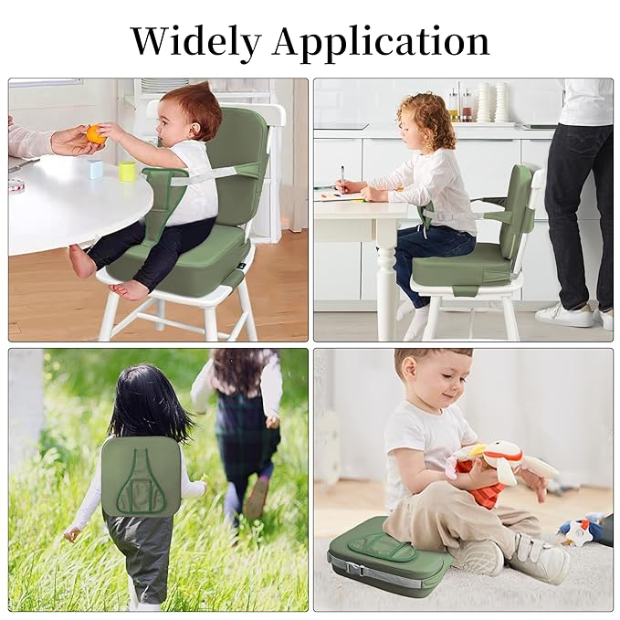 Eiury Toddler Booster Seat for Dining Table – Non-Slip PU Waterproof Cushion with Backrest & Adjustable Straps, Portable Baby Booster Seat (Green)