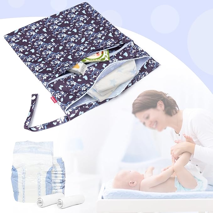 Damero 2 Pcs Wet Dry Bag for Cloth Diaper, Swimsuit, Clothes, Water-Resistant Reusable Wet Bag for Travel, Exercise, Beach, Pool, Daycare, Butterflies and Flowers