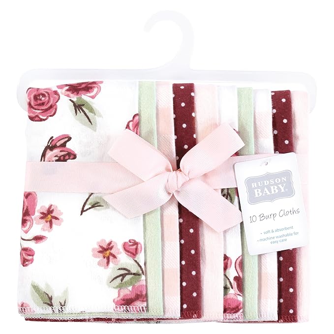 Hudson Baby Unisex Baby Flannel Burp Cloth 10pk, Sweet Roses, One Size