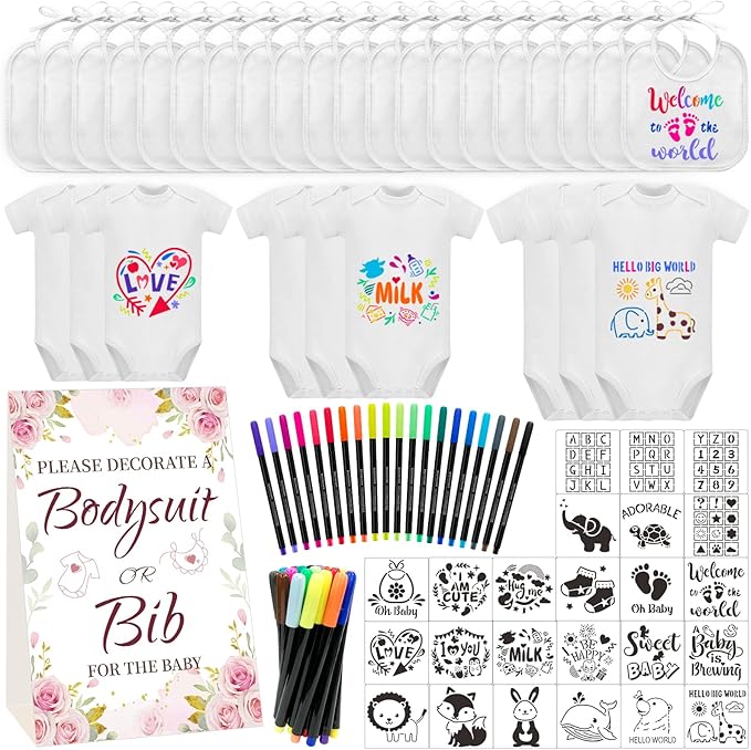 Bibs Bodysuits Baby Shower Game Sign Set Newborn Onesies Feeder Gift Fabric Marker Stencils Kit