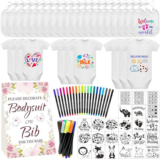 Bibs Bodysuits Baby Shower Game Sign Set Newborn Onesies Feeder Gift Fabric Marker Stencils Kit