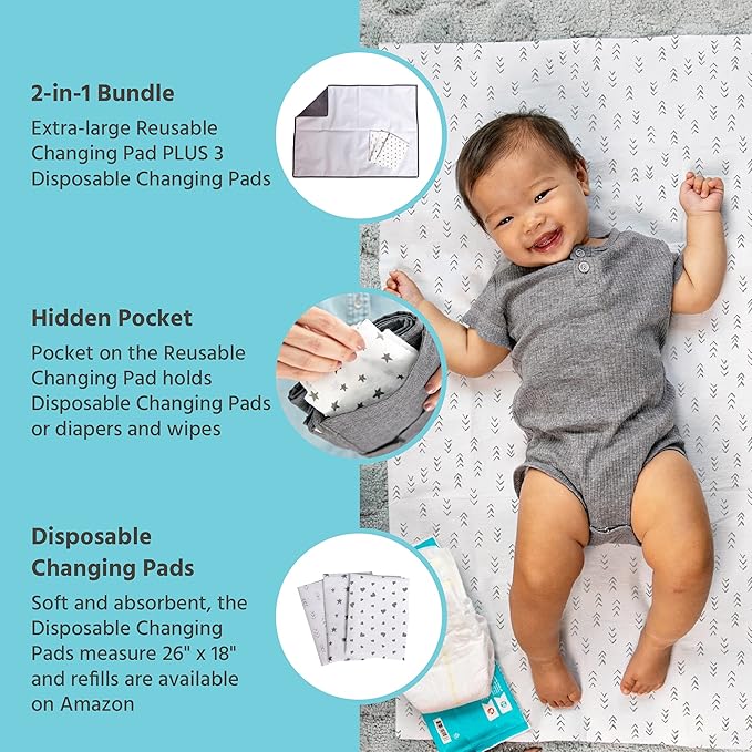 J.L. Childress Healthy Habits Portable Changing Pad Bundle for Babies - Wipeable Diaper Changing Mat for Travel + 3 Disposable Changing Pads, Baby Accessory Essentials, Foldable & Compact - Grey
