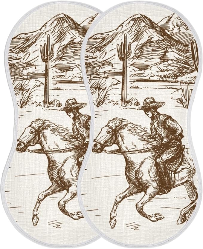 Muslin Burp Cloths for Baby Boys and Girls - 2-Pack Ultra Absorbent Western Desert Cowboy Muslin Washcloths, Newborn Towel, Milk Spit Up Rags, Burp Cloth Bib for Unisex, 22 x 11 Inch