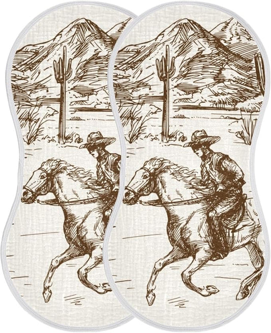 Muslin Burp Cloths for Baby Boys and Girls - 2-Pack Ultra Absorbent Western Desert Cowboy Muslin Washcloths, Newborn Towel, Milk Spit Up Rags, Burp Cloth Bib for Unisex, 22 x 11 Inch
