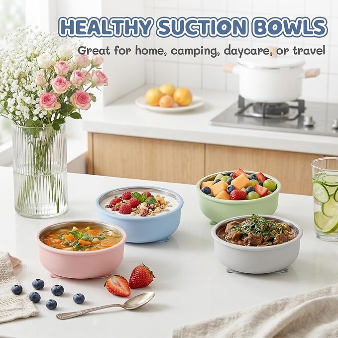 E-far Stainless Steel Baby Bowls with Suction, 4 Pack Removable Colorful Silicone Sleeve Toddlers Kids Bowl, Non-Toxic Snack Container for Baby Food Feeding, Non-Slip & Unbreakable, Dishwasher Safe