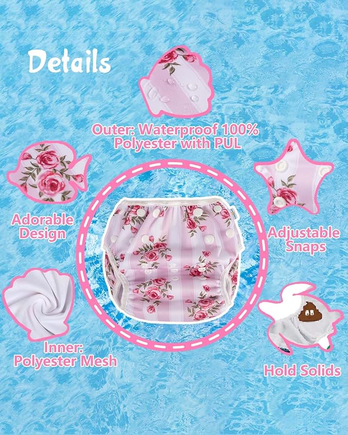 Babygoal Reusable Baby Girl Swim Diapers 3 Pack - Adjustable Washable for 0-8 Months Infants - Ideal for Swimming Lessons - Flower Design