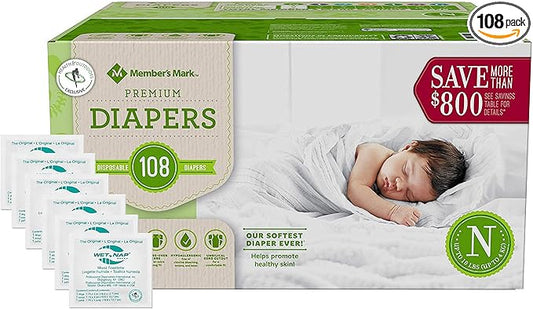 HAO M Mark Premium Baby Diapers - Newborn (0-10 lbs) 108 Count W/Moist Towelettes