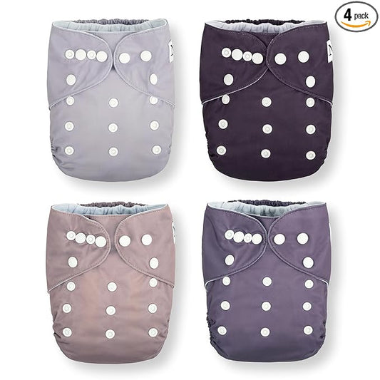 Nora's Nursery Cloth Pocket Diapers 4 Pack with 4 Inserts - Waterproof Cover, Washable, Reusable & One Size Adjustable Pocket Diapers for Newborns and Toddlers - Amethyst