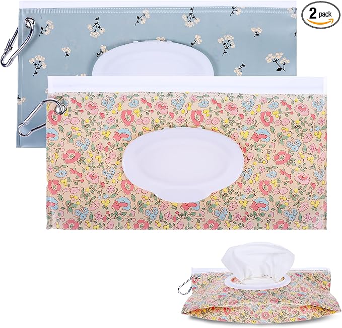 2 Pack Baby Wipe Container with Hook, Portable Refillable Wipe Holder Floral Pattern Reusable Travel Baby Wipes Dispenser Wet Wipe Pouch for Outdoor Outing Camping Hiking Shopping(Flower)