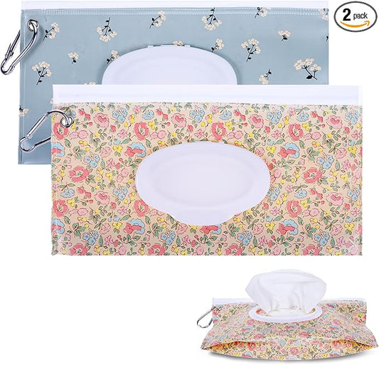 2 Pack Baby Wipe Container with Hook, Portable Refillable Wipe Holder Floral Pattern Reusable Travel Baby Wipes Dispenser Wet Wipe Pouch for Outdoor Outing Camping Hiking Shopping(Flower)