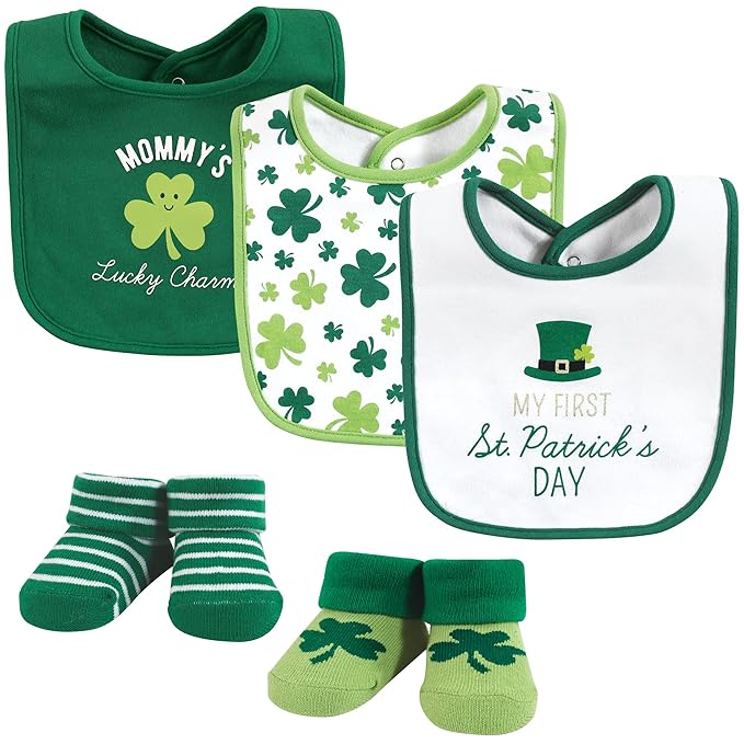 Hudson Baby Unisex Baby Cotton Bib and Sock Set, Lucky Charm, One Size