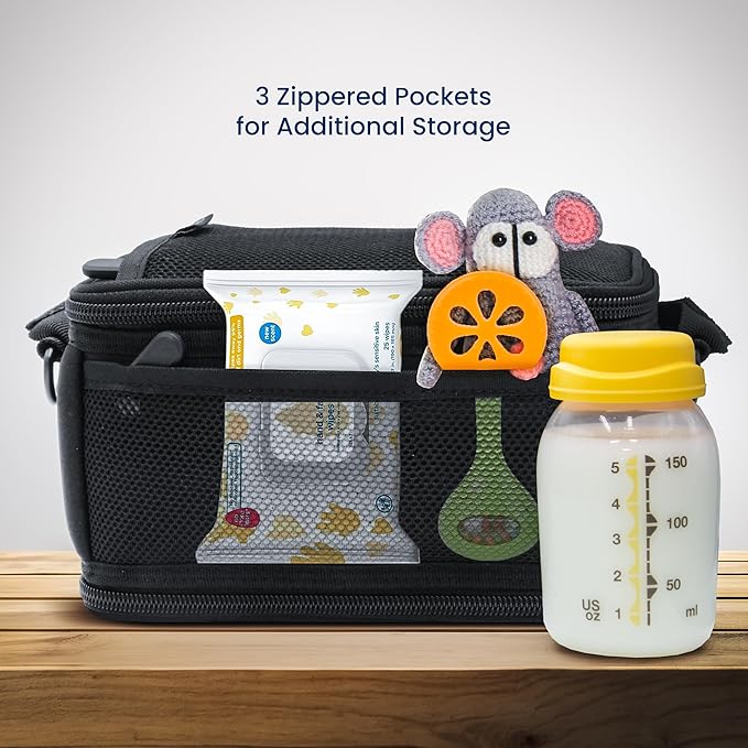 FreezeN'Go Breast Milk Cooler Travel Bag (6 Built-in Ice Packs) Designed for 5oz Medela Express Baby Bottles and Breastmilk Storage Bags - Freezable Insulated Tote with Handle and Padded Strap