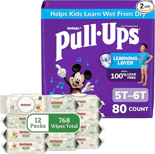 Pull-Ups for Boys + Natural Care Sensitive Wipes Bundle: Pull-Ups Training Pants, Size 5T-6T (46-60 lbs), 80 Count (2 Packs of 40) & Huggies Natural Care Sensitive Baby Wipes, 12 Packs, 768 Count