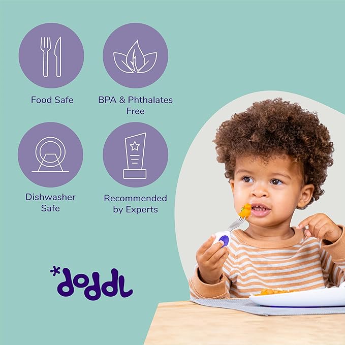 doddl Toddler Utensils, Ergonomic Fork and Spoon Set for Self Feeding, Stainless Steel Silverware for 1-3 Year Olds, BPA Free, Dishwasher Safe (Magento)