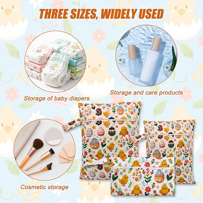 3pcs Cloth Diaper Wet Dry Bags Waterproof Reusable with Two Zippered Pockets Travel Beach Pool Daycare Soiled Baby Items Yoga Gym Bag for Swimsuits or Wet Clothes (PENGUIN)