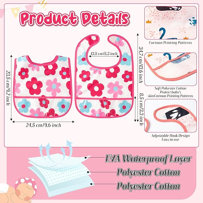 6Pcs Waterproof Toddler Bibs Baby Feeding Bib Set with Crumb Catcher Pocket, Infant Adjustable Baby Teething Bib, Babies Sleeveless Animals Food Bibs Keepsake Gift for Baby Shower, 6-24 Months
