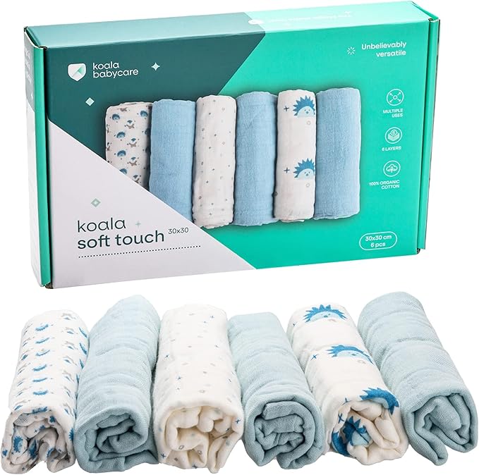 Koala Babycare 6 Pack 12"x12" Muslin Burp Cloths for Baby Boys and Girls - GOTS & Oeko-TEX Cotton Burp Rags for Newborns - Absorbent Neutral Burping Cloths for Feeding - Washable Baby Bibs Essentials