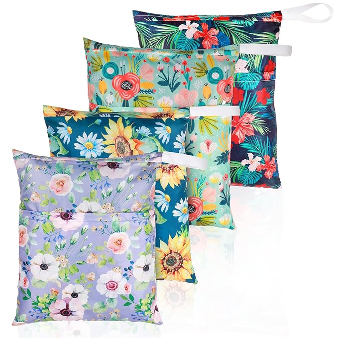 Frienda 4 Pieces Cloth Diaper Wet Dry Bag, Waterproof Reusable Washable Bag for Baby Items and Travel Zippered Pockets with Handle, Beach, Swimsuit, Dirty Gym Clothes and Toiletries(Flower)