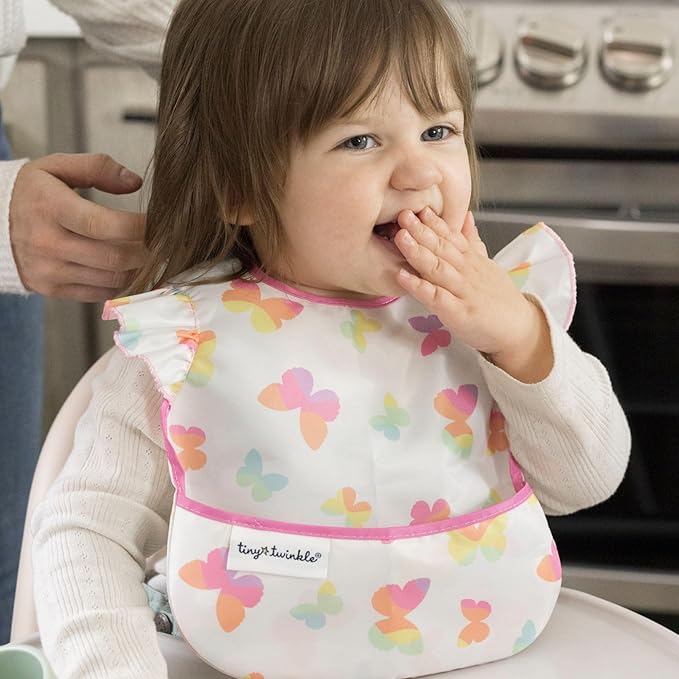 Tiny Twinkle Mess-Proof Baby Bibs for Eating | Waterproof, Wipeable Toddler Bibs with Catch-All Pocket | Feeding Bibs for Girls & Boys(3 Pack,Butterfly)